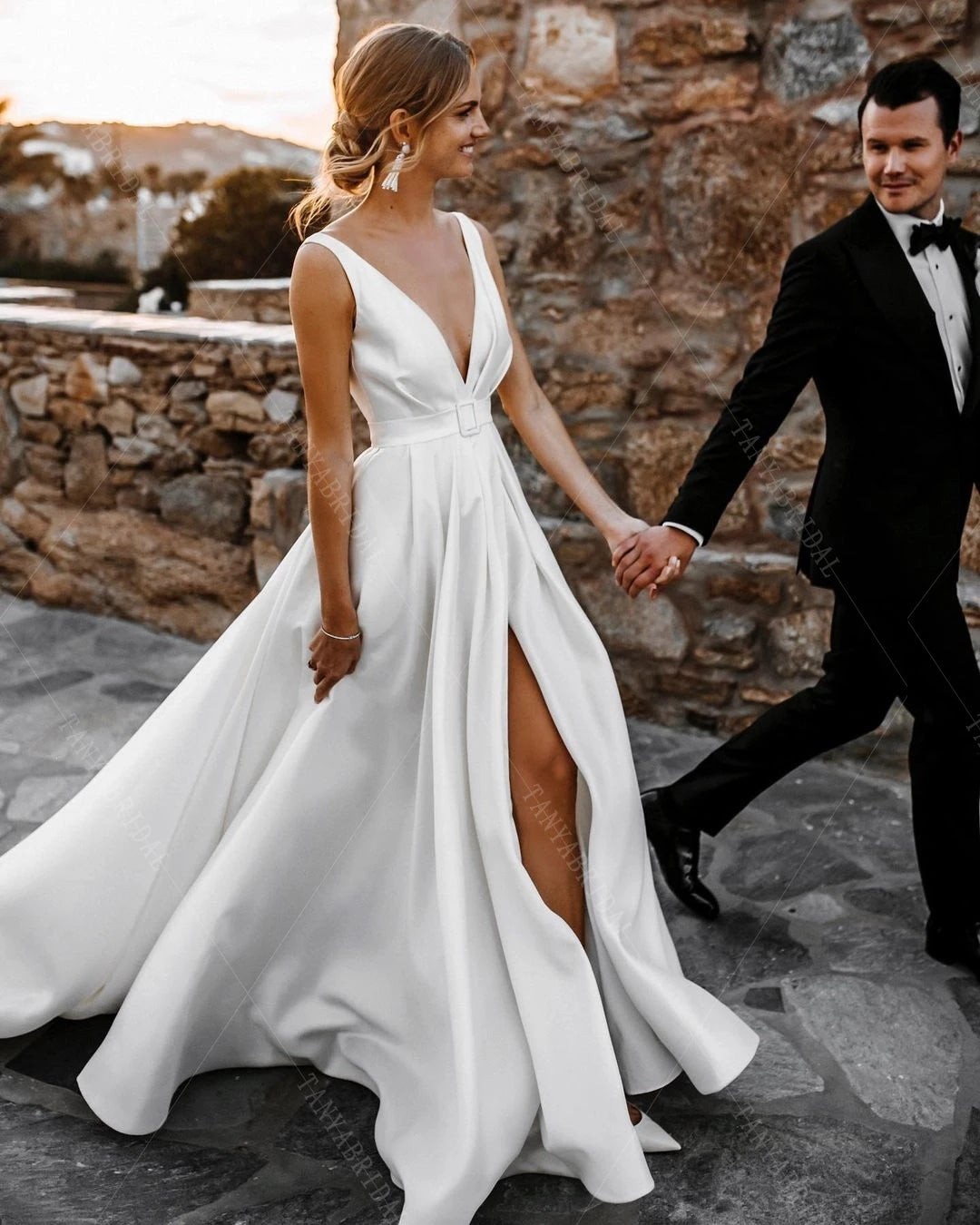 blue dress for baby girl White Satin A-line V-neck Sweep Train Wedding Dresses, Bridal Dress, MW695 main image 0