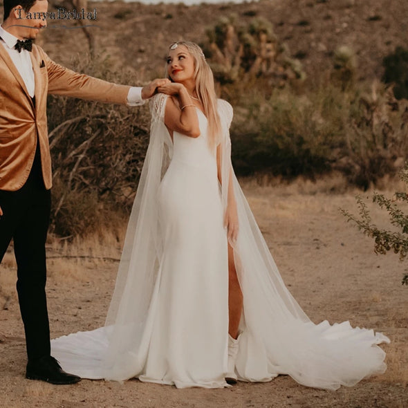 Side Split Mermaid Bridal Gowns With Elegant Tulle Cape