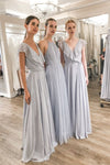 V neck pale grey chiffon pleats bridesmaid dress