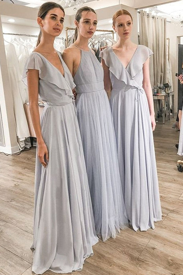 V neck pale grey chiffon pleats bridesmaid dress