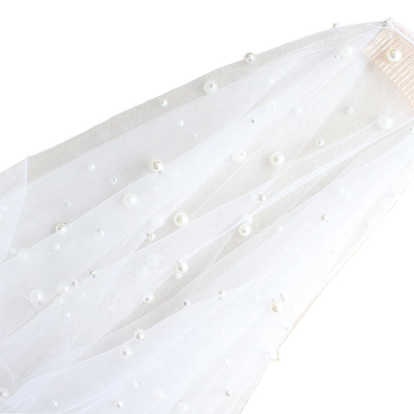 Pearl Bride Veil Ivory Double Layers Hand Sewing Metal Hair Comb Veil V607