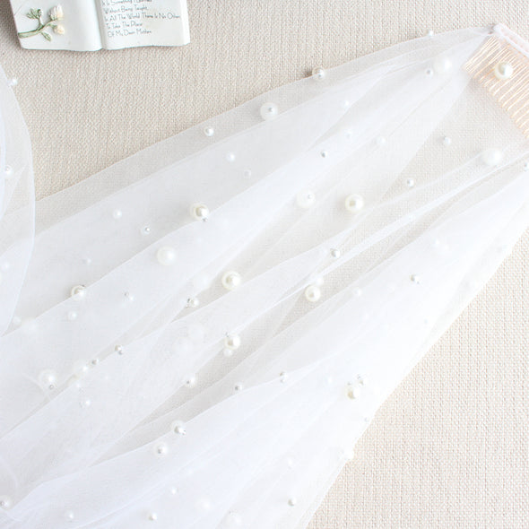 Pearl Bride Veil Ivory Double Layers Hand Sewing Metal Hair Comb Veil V607