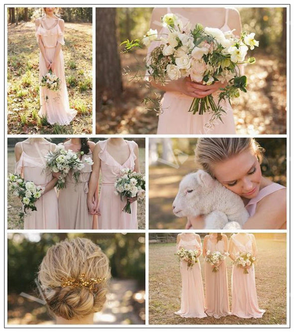 Simple Long Pink Ruffles Bridesmaid Dresses