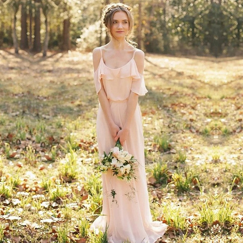 Simple Long Pink Ruffles Bridesmaid Dresses TANYA BRIDAL Simple Long Pink Ruffles Bridesmaid Dresses TANYA BRIDAL
