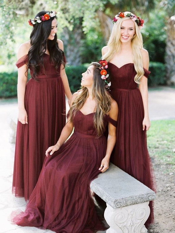 Tulle Burgundy Long Bridesmaid Dresses