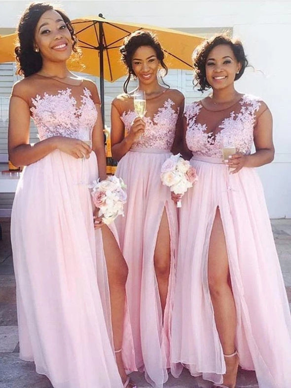 Pink Lace Bridesmaid Dresses Long See Through Appliques Wedding Party Gowns