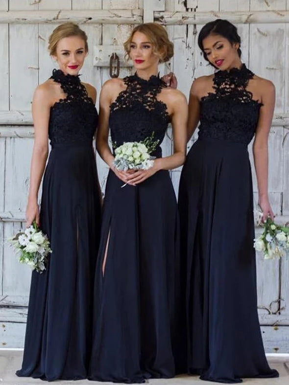 Navy Blue Chiffon Long Lace Bridesmaid Dress