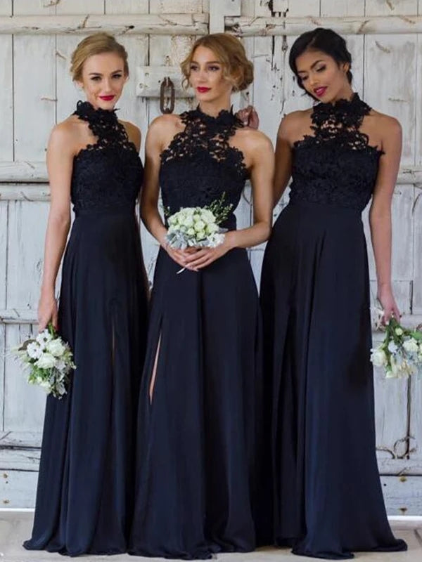 Navy Blue Chiffon Long Lace Bridesmaid Dress – TANYA BRIDAL