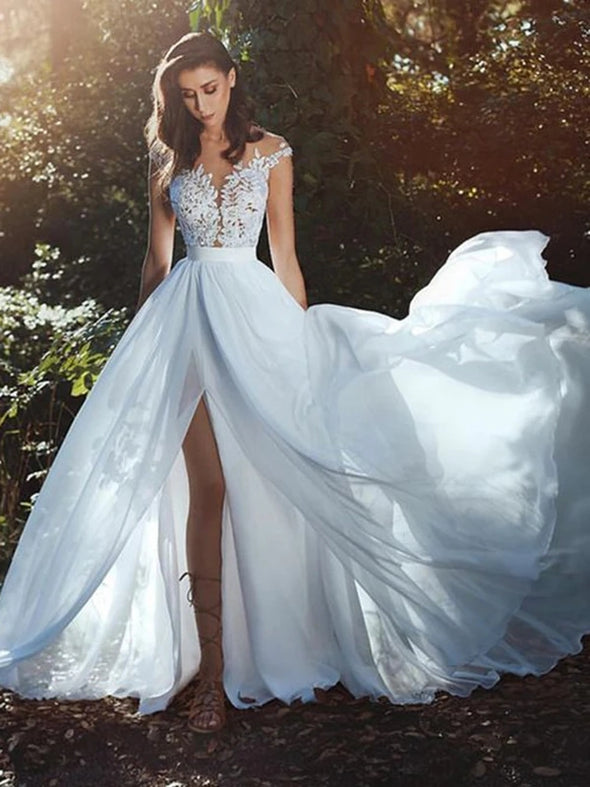 Chic White Wedding Dress Chiffon Lace A Line Boho Wedding Dress TBW64