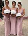 V Neck Pink Stretch Spandex Long Bridesmaid Dresses