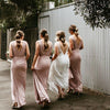 V Neck Pink Stretch Spandex Long Bridesmaid Dresses