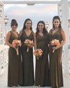 V Neck Pink Stretch Spandex Long Bridesmaid Dresses