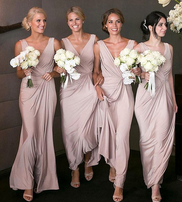 V Neck Pink Stretch Spandex Long Bridesmaid Dresses