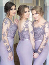 Mermaid Lavender Long Sleeves Lace Chiffon Bridesmaid Dresses