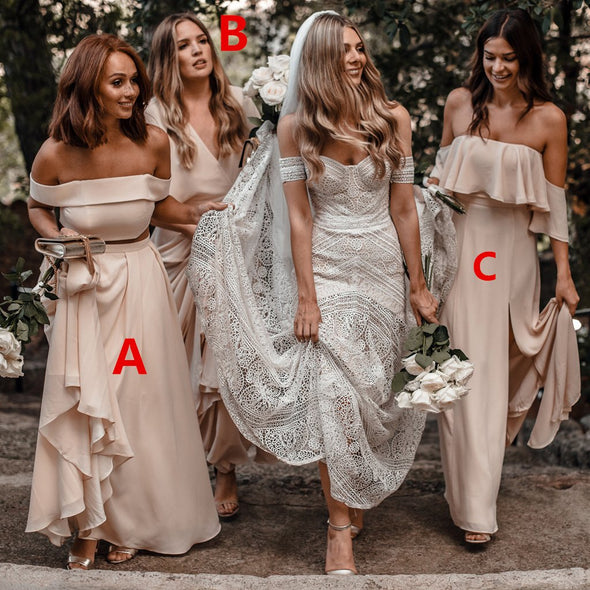 Chiffon Two Piece Bridesmaid Dresses Cheap Long Off The Shoulder Bridesmaid Dresses