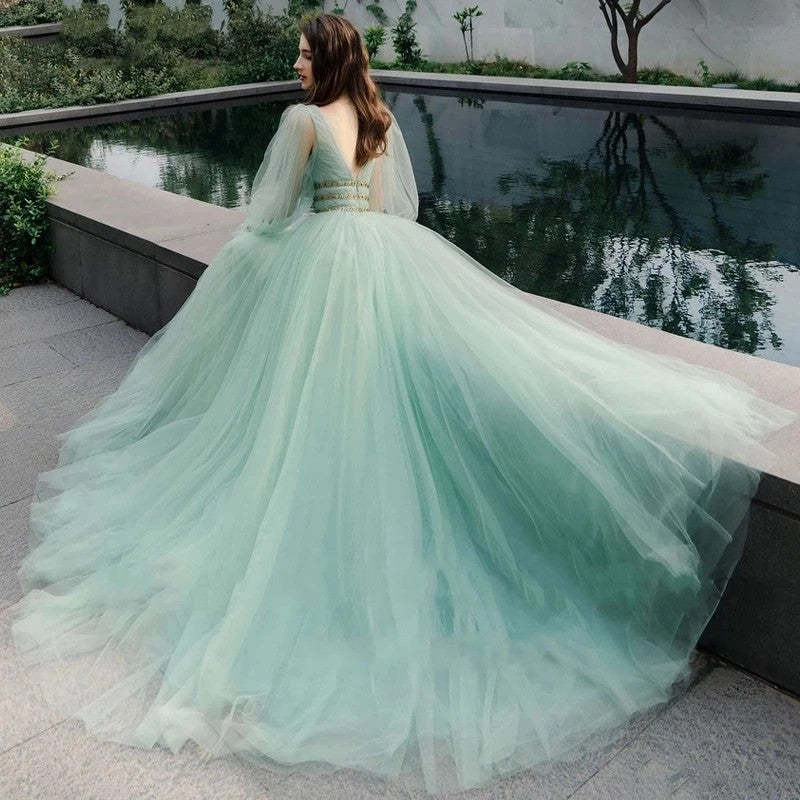 Korea Tulle A Line Long Prom Dress Puff Sleeve V Neck Floor Length Par TANYA BRIDAL Korea Tulle A Line Long Prom Dress Puff Sleeve V Neck Floor Length Par TANYA BRIDAL