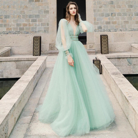 Korea Tulle A Line Long Prom Dress Puff Sleeve V Neck Floor Length Party Gowns