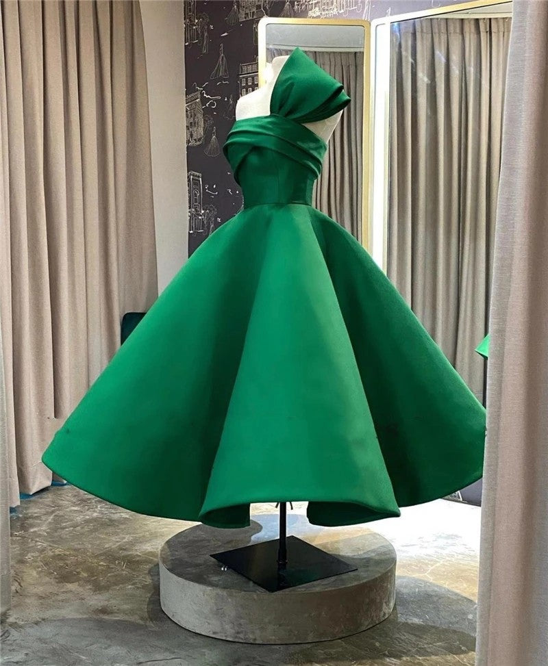 New Design Saudi Arabia Evening Dresses Green Satin Pleats Puffy