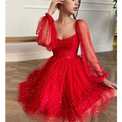 Sparkly Red Stars Tulle Puff Long Sleeves Evening Party Dresses