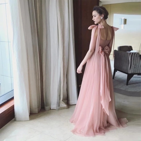 Beauty Bow Tulle Formal Pink long Evening Dress