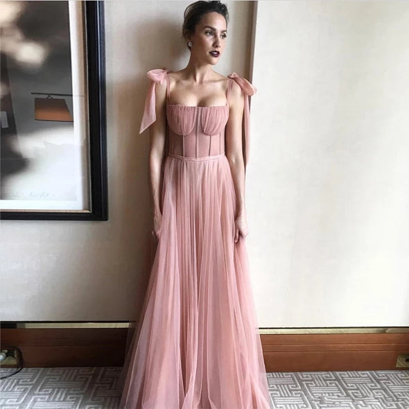 Beauty Bow Tulle Formal Pink long Evening Dress