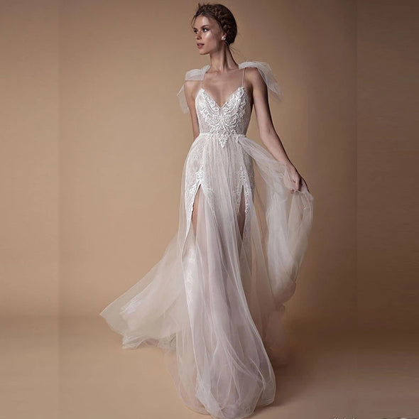 Long Evening Dresses Appliques Tulle Slit Party Dress