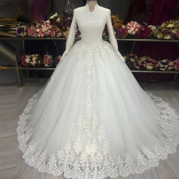 Vestido De Noiva Plus SIze High Neck Lace Muslim Wedding Gowns
