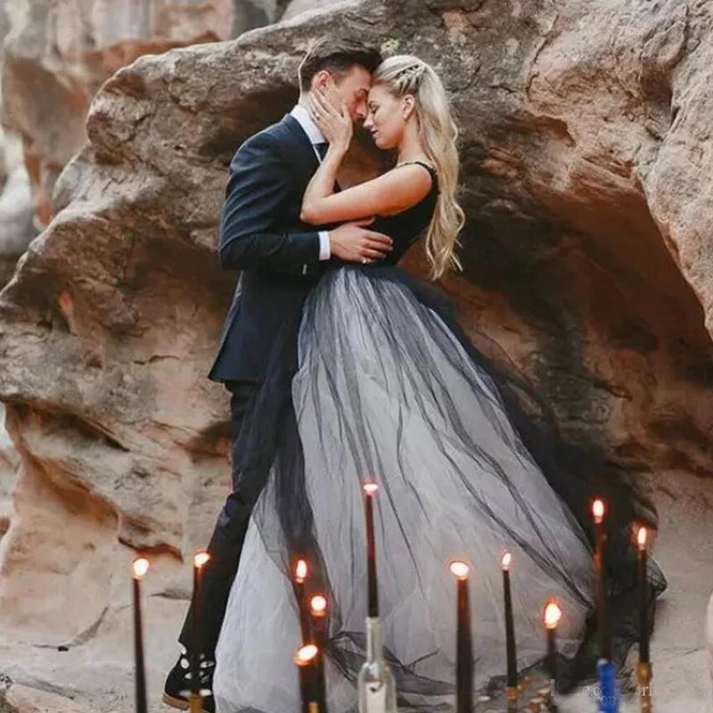 Black and White Gothic Wedding Dresses Deep V Neck – TANYA BRIDAL