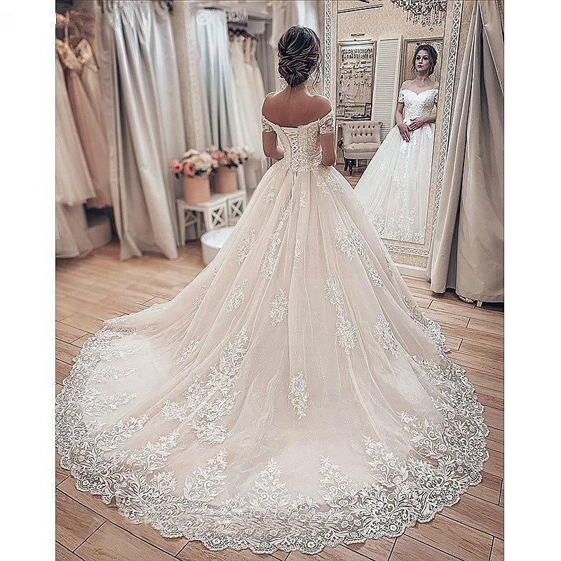 Short Sleeves Lace Off Shoulder Appliques Wedding Gowns – TANYA BRIDAL