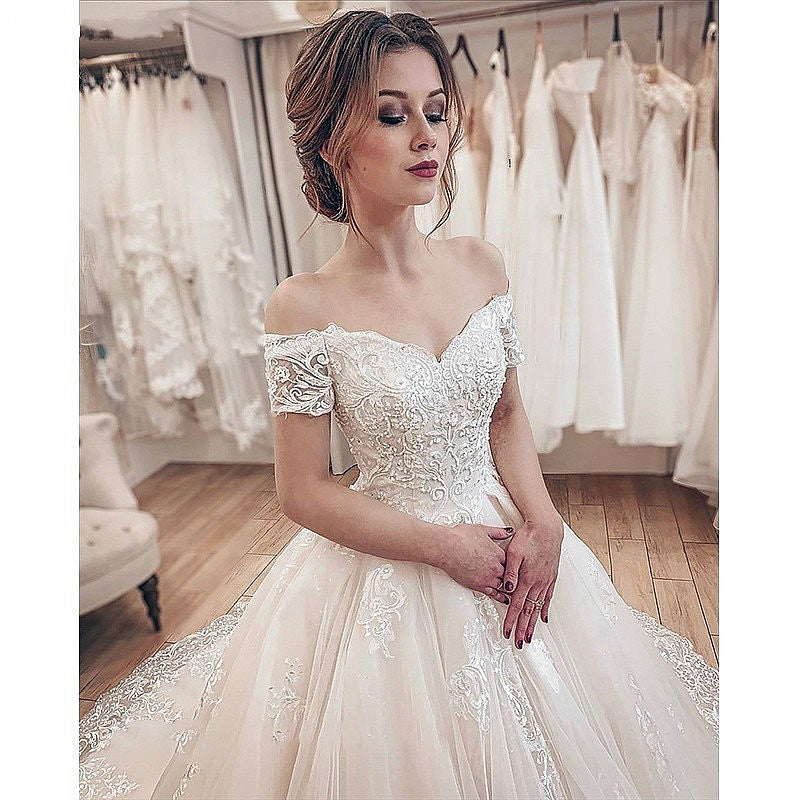 Lace Wedding Dresses Ivory Lace Applique Off The Shoulder Short Sleeve –  Dbrbridal