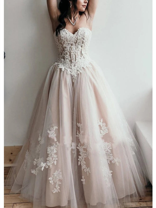 Vintage Princess Design Beige Lining Ivory Lace Wedding Dresses TBW80