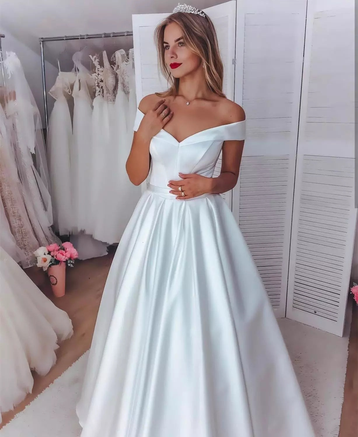 Off Shoulder Short Sleeve A-Line Simple Satin Wedding Dress