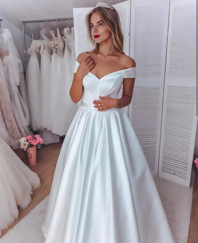 Off Shoulder Short Sleeve A-Line Simple Satin Wedding Dress