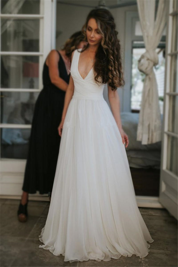 White Summer Chiffon V Neck Boho Bridal Dress robes de marié