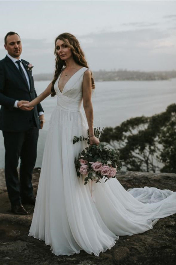 White Summer Chiffon V Neck Boho Bridal Dress robes de mariΓ©