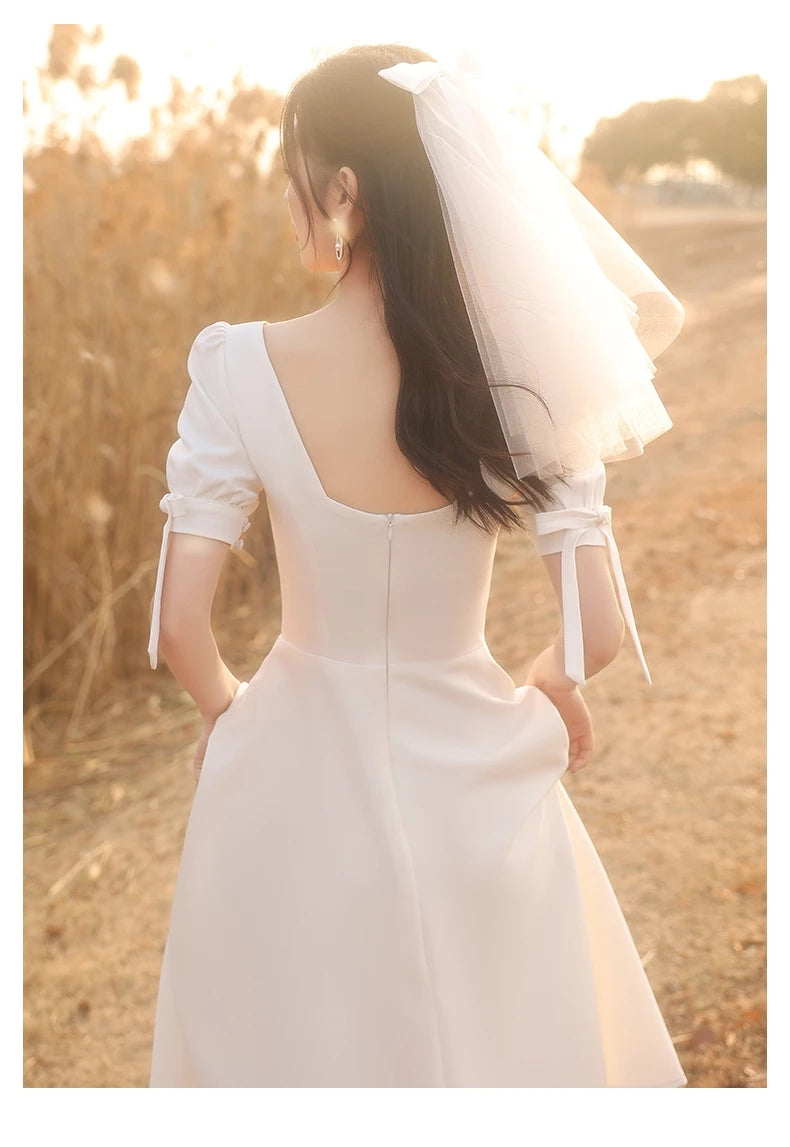 Tea Length Bridesmaid Dresses Puff Sleeve Maid Of Honor Engagement Dre –  TANYA BRIDAL