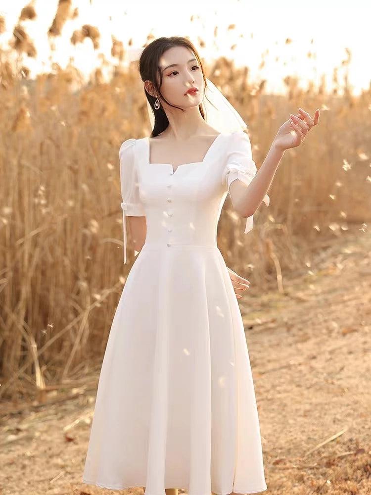Tea Length Bridesmaid Dresses Puff Sleeve Maid Of Honor Engagement Dre   TANYA BRIDAL