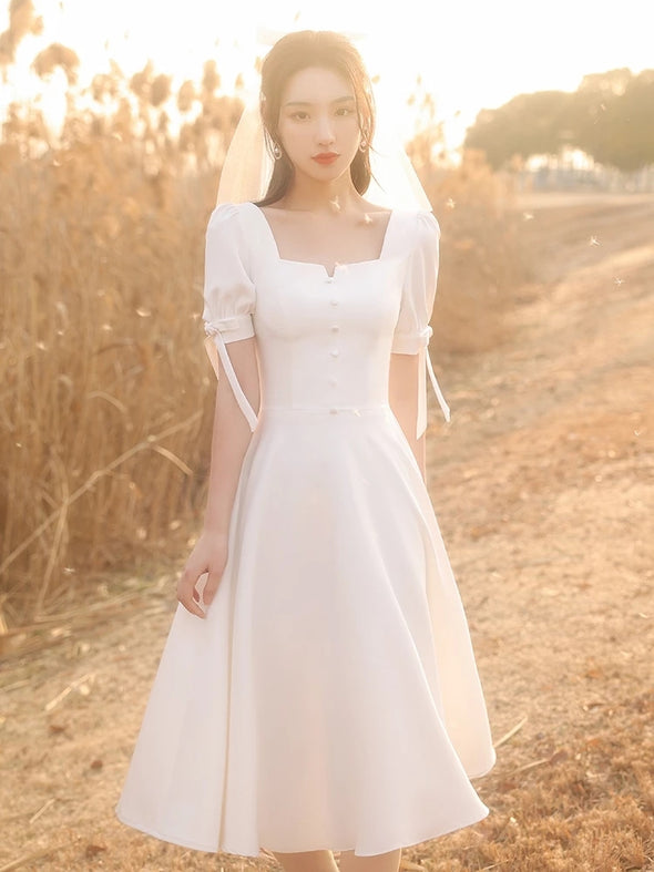 Tea Length Bridesmaid Dresses Puff Sleeve Maid Of Honor Engagement Dress DB040