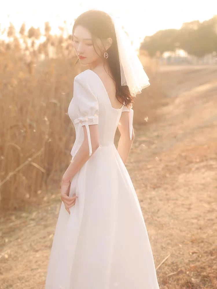 Tea Length Bridesmaid Dresses Puff Sleeve Maid Of Honor Engagement Dress DB040 Tea Length Bridesmaid Dresses Puff Sleeve Maid Of Honor Engagement Dress DB040