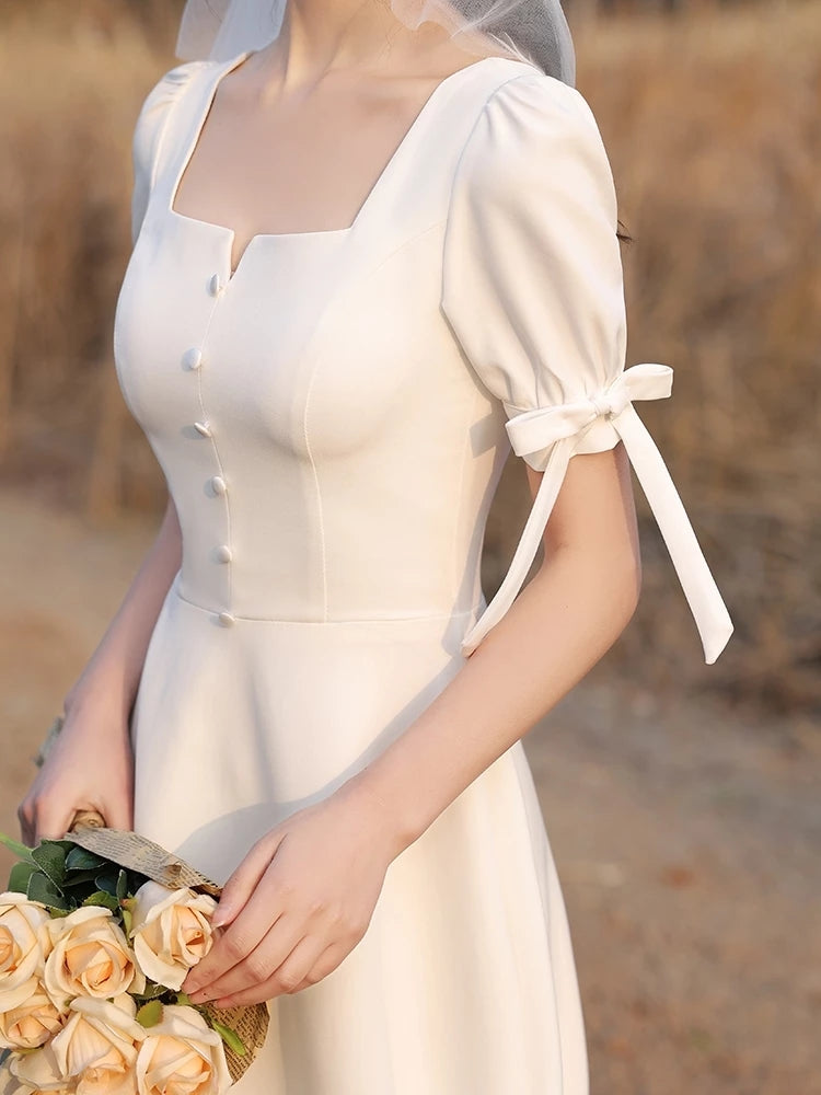 Tea Length Bridesmaid Dresses Puff Sleeve Maid Of Honor Engagement