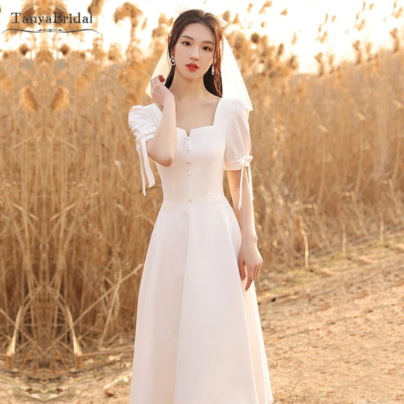 Tea Length Bridesmaid Dresses Puff Sleeve Maid Of Honor Engagement Dress DB040