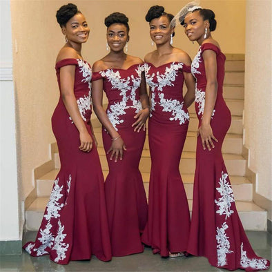 Burgundy African Bridesmaid Dresses Plus Size Off The Shoulder White Lace Mermaid