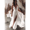 High Slit Sleeveless V Neck White Lace Dress for Wedding