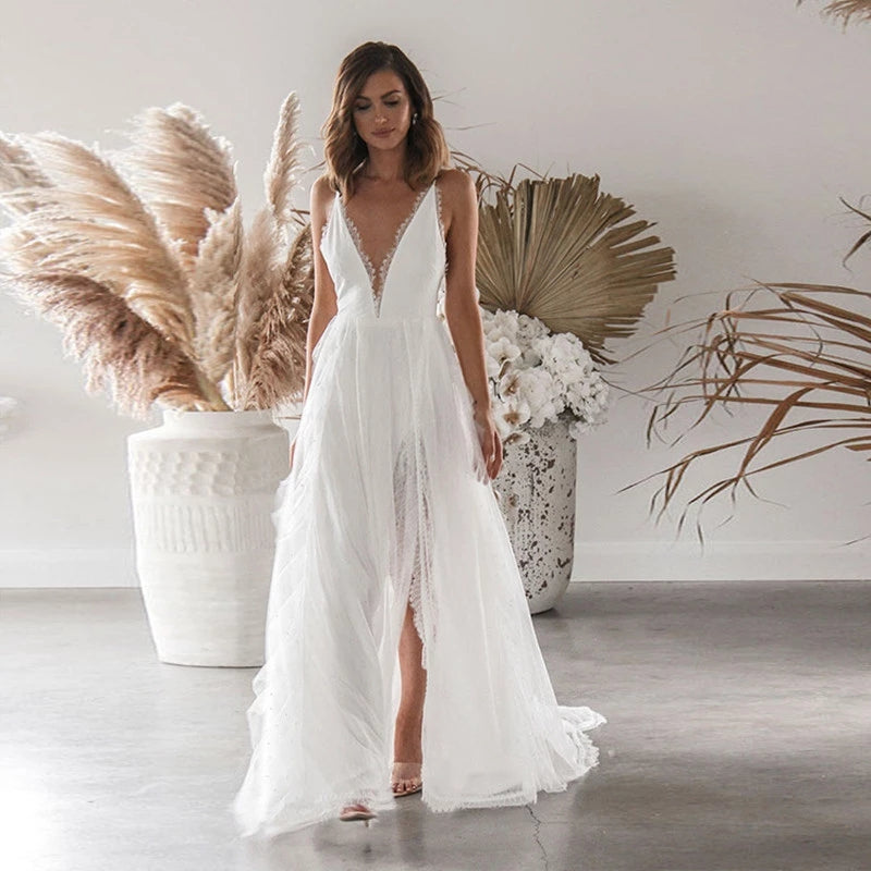 High Slit Sleeveless V Neck White Lace Dress for Wedding – TANYA BRIDAL