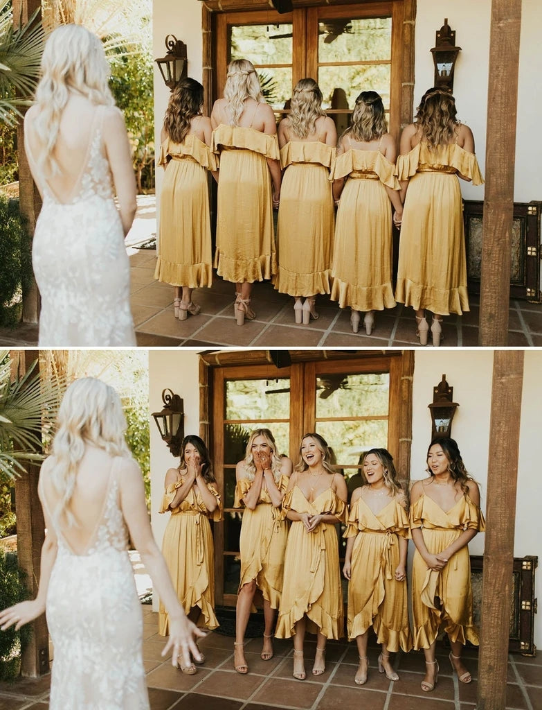 Yellow V Neck Spaghetti Straps High Low Bridesmaid Dresses Wedding Par TANYA BRIDAL Yellow V Neck Spaghetti Straps High Low Bridesmaid Dresses Wedding Par TANYA BRIDAL