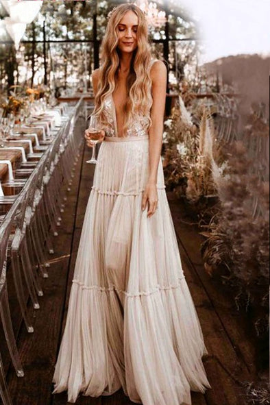 Deep V-Neck Nude Champagne Tulle Boho Wedding Dresses ZW111