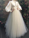 A-Line Wedding Dresses Jewel Neck Floor Length Satin Tulle Long Sleeve