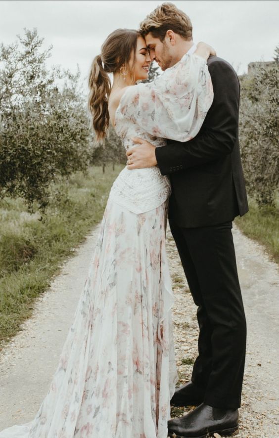 Floral Printed Chiffon Bohemian Wedding Dresses