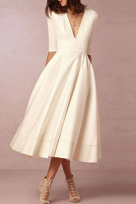 A-Line Short Wedding Dresses V Neck Tea Length Satin Half Sleeve