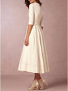 A-Line Short Wedding Dresses V Neck Tea Length Satin Half Sleeve